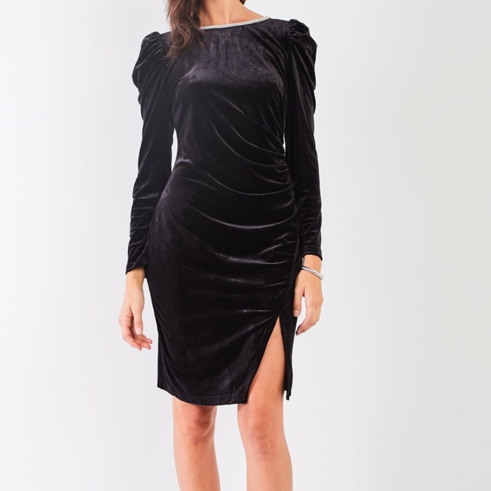 Black Velvet Knee Length Dress - RhineStone Neckline Trim